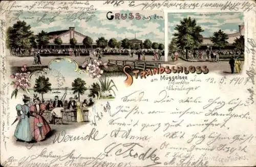 Litho Berlin Köpenick, Strandschloss am Müggelsee, Garten, Besucher