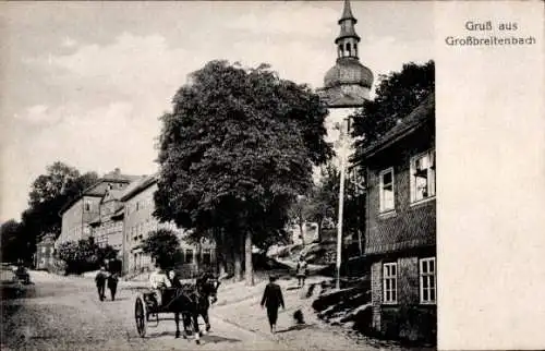 Ak Großbreitenbach in Thüringen, Teilansicht, Turm, Kutsche