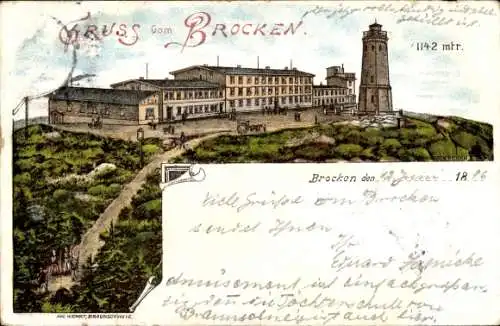 Litho Brocken Nationalpark Harz, Brockenturm, Brockenhotel