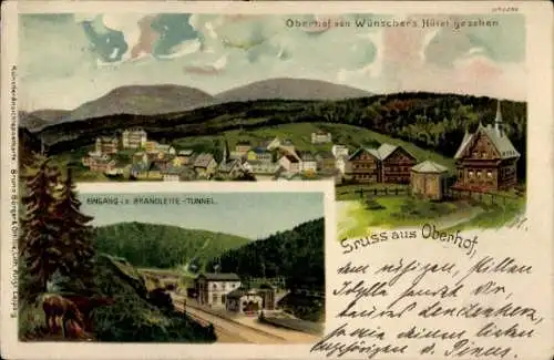 Litho Oberhof im Thüringer Wald, Gesamtansicht v. Wünschers´s Hotel, Eingang i. d. Brandleite-Tunnel