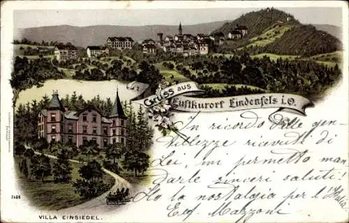 Litho Lindenfels im Odenwald, Gesamtansicht, Villa Einsiedel