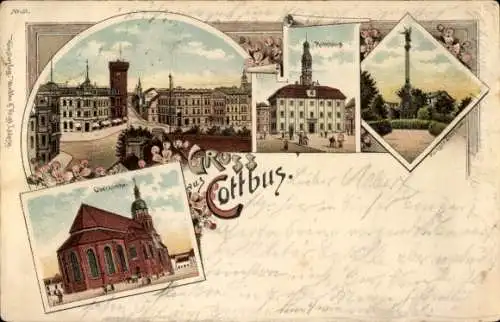 Litho Cottbus Brandenburg, Rathaus, Oberkirche, Kriegerdenkmal