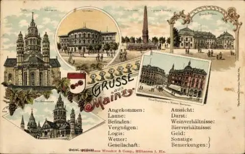 Litho Mainz am Rhein, Dom, Theater, Rheinische und Mainzer Bierhallen, Schloss