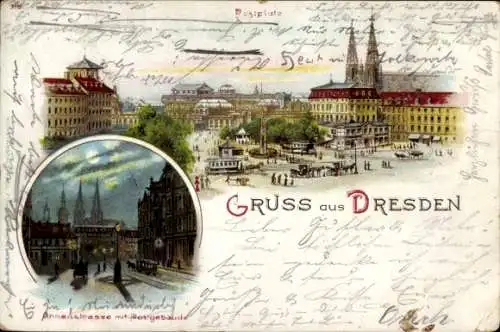 Litho Dresden Zentrum Altstadt, Postplatz, Annenstraße, Postgebäude