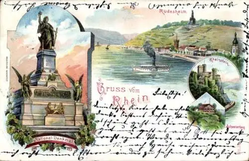 Litho Rüdesheim Rhein, Dampfer, Niederwald National Denkmal, Rheinstein