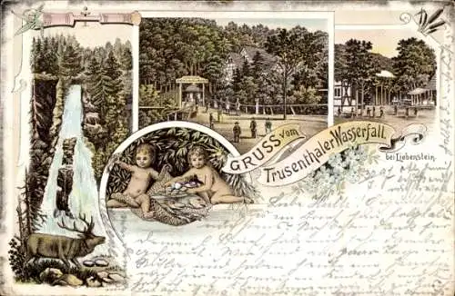 Litho Brotterode Trusetal in Thüringen, Trusetaler Wasserfall, Gasthaus