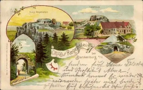 Litho Blankenburg am Harz, Burg Regenstein, Gasthof, Burgtor, Raubgrafentunnel