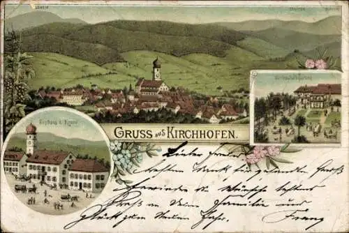 Litho Kirchhofen Ehrenkirchen im Breisgau, Gesamtansicht, Gasthaus zur Krone