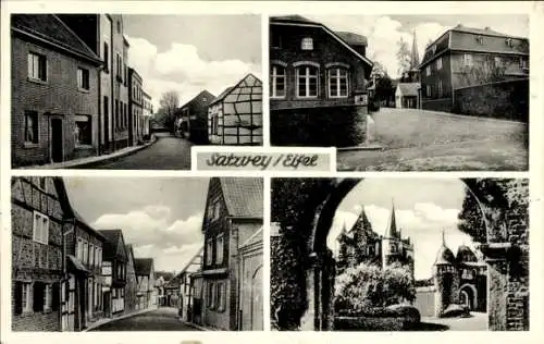 Ak Satzvey Mechernich in der Eifel, Straßenpartie, Fachwerk, Blick durchs Tor auf das Schloss