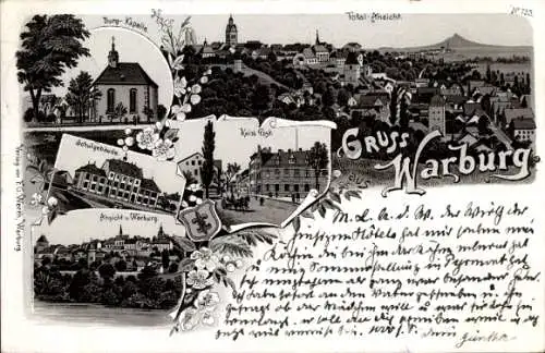 Litho Warburg im Kreis Höxter, Burgkapelle, Panorama, Post, Schule