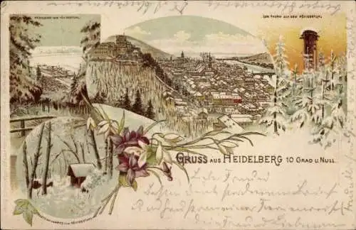 Litho Heidelberg am Neckar, Gesamtansicht, Turm, Blumen