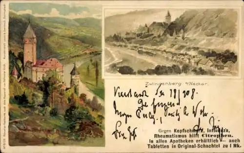 Litho Zwingenberg am Neckar Baden, Gesamtansicht, Kirche