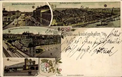 Litho Ludwigshafen am Rhein, Bahnhof, Fabrik, Rheinbrücke