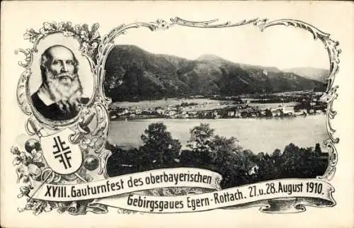 Passepartout Ak Rottach Egern in Oberbayern, Panorama, Portrait, Wappen, XVIII. Gauturnfest 1910