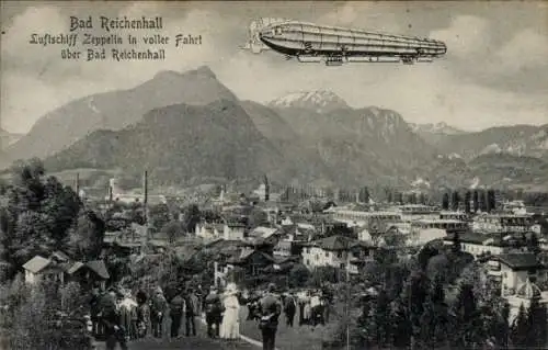 Ak Bad Reichenhall in Oberbayern, Luftschiff Zeppelin in voller Fahrt über der Stadt