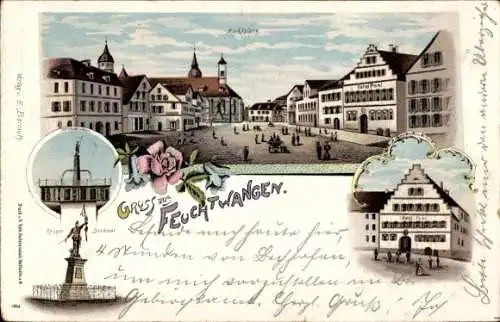 Litho Feuchtwangen in Mittelfranken, Marktplatz, Giebelhaus, Denkmal