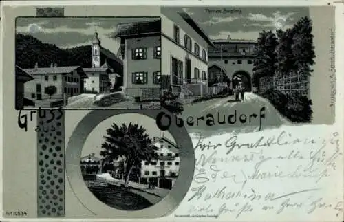 Mondschein Litho Oberaudorf in Oberbayern, Gasthof, Burgberg