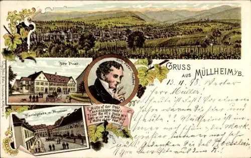 Litho Müllheim in Baden Markgräflerland, Alte Post, Marktplatz, Panorama