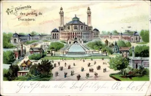 Litho Paris XVI Trocadéro, Vue d'ensemble des jardins du Trocadero