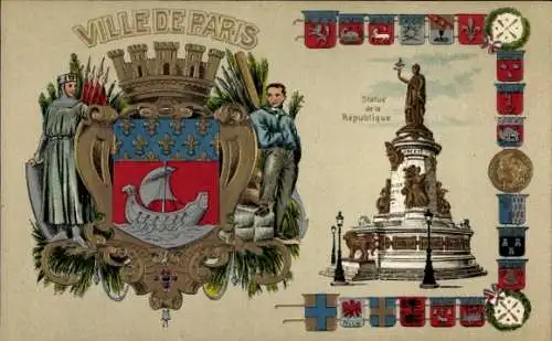 Präge Wappen Litho Paris III., Ville de Paris, Statue de la Republique