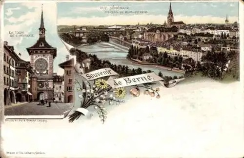 Litho Bern Stadt Schweiz, Vue générale, La Tour de l'Horloge