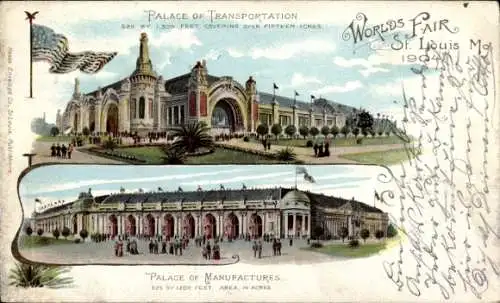 Litho St. Louis Missouri USA, Worlds Fair St. Louis 1904, Palace of Transportation / Manufactures