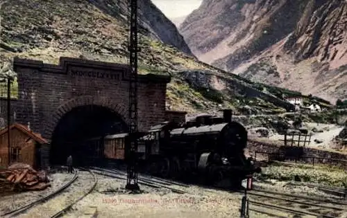 Ak Eisenbahnen Schweiz, Gotthardbahn bei der Ausfahrt aus dem großen Tunnel, Dampflokomotive