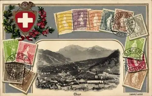 Präge Wappen Briefmarken Passepartout Ak Chur Kanton Graubünden, Stadtansicht