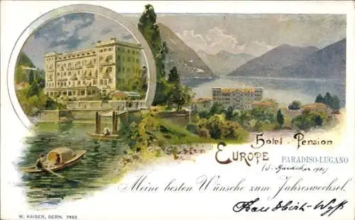 Litho  Paradiso Lugano Kanton Tessin, Hotel Pension Europe, Glückwunsch Neujahr