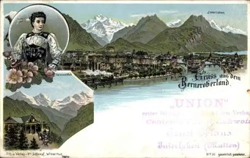 Litho Interlaken Kanton Bern Schweiz, Panorama, Heimwehfluh, Frau in Tracht