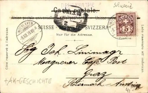 Litho Interlaken Kanton Bern Schweiz, Panorama, Heimwehfluh, Frau in Tracht