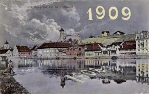 Ak Schaffhausen am Rhein Schweiz, Teilansicht, Fröhliches Neujahr, Jahreszahl 1909