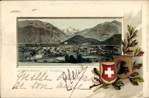 Präge Passepartout Wappen Litho Interlaken Kt. Bern Schweiz, Panorama, Jungfrau