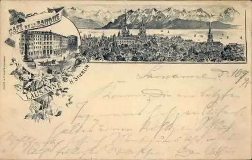 Litho Lausanne Kanton Waadt, Panorama, Café del Banque,  H. Stierlin