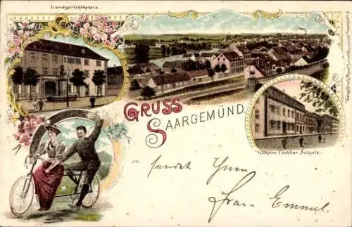 Litho Sarreguemines Saargemünd Lothringen Moselle, Panorama, Landgerichtsplatz, Höhere Töchterschule