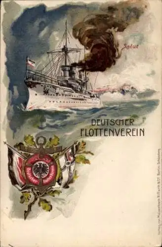 Litho Deutscher Flottenverein, Deutsches Kriegsschiff, Salut, Fahnen, Kaiserliche Marine