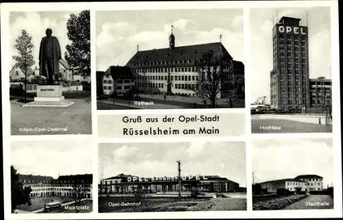 Ak Rüsselsheim Main, Adam Opel Denkmal, Rathaus, Bahnhof