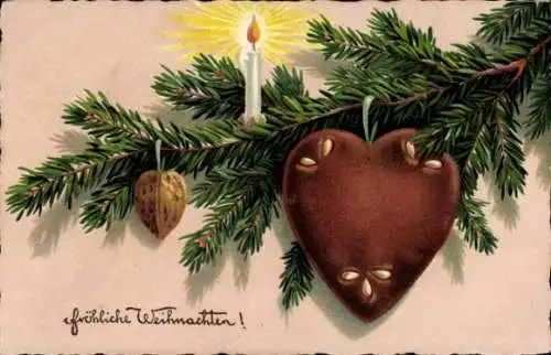 Ak Glückwunsch Weihnachten, Lebkuchen-Herz, Tannenzweige, Wallnuss