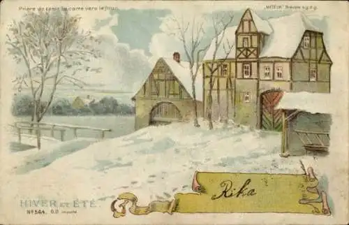 Halt gegen das Licht Litho Wohnhaus, Winter, Schnee