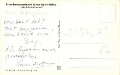 Ak Lindenfels im Odenwald Hessen, Terrassenrestaurant, Kurhotel Auguste Viktoria, Umland