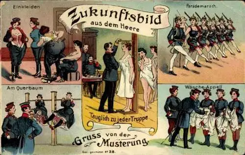 Litho Zukunftsbild der Infanterie, Gruß von der Musterung, Frauen beim Militär