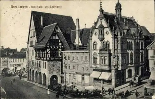 Ak Nordhausen am Harz, Kornmarkt und Sparkasse