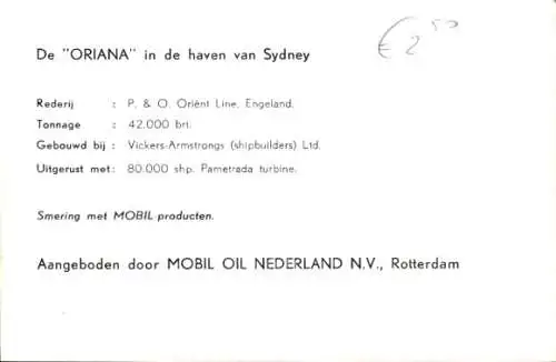 Ak Passagierschiff Oriana im Hafen von Sydney, P&O, Mobil Oil Nederland