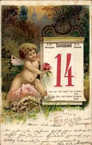 Litho Glückwunsch Neujahr, Kalender, Engel mit Rose