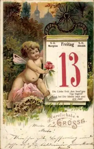 Litho Glückwunsch Neujahr, Kalender, Engel mit Rose