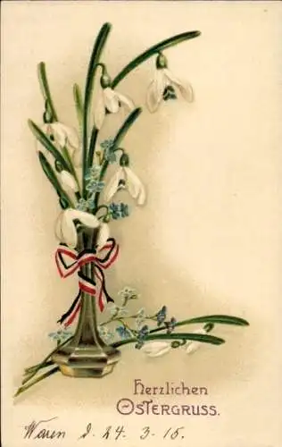 Präge Litho Glückwunsch Ostern, Schneeglöckchen und Vergissmeinnicht in einer Blumenvase