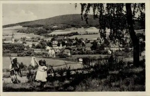 Ak Großpostwitz in Sachsen, Panorama, winkendes Kind