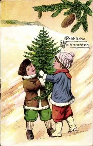 Ak Glückwunsch Weihnachten, Zwei Kinder mit einem Tannenbaum