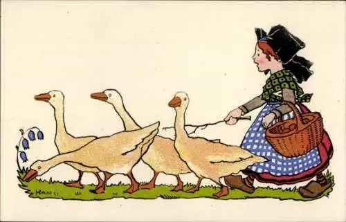 Künstler Ak Hansi, Gänsehirtin in elsässer Volkstracht