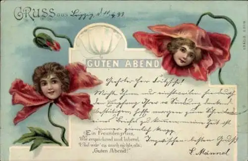 Glitzer Litho Guten Abend, Frauenportraits in Mohnblüten